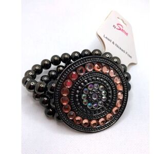 EJ Sense Triple Strand Stretch Bracelet Black Bead & Crystal Medallion Statement